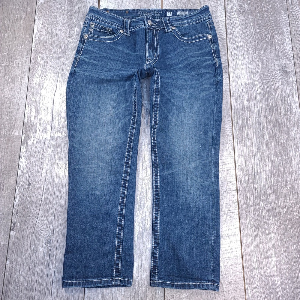 Miss Me Boyfriend Capri Jeans Womens Size 27 Blue Wash Embroidered Embellished - Picture 3 of 9